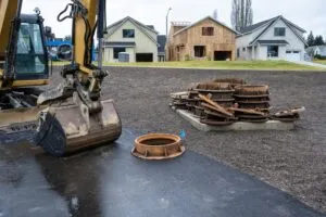 Heavy machinery and excavator bucket working on residential driveway grading and prep work near homes before guest arrivals.